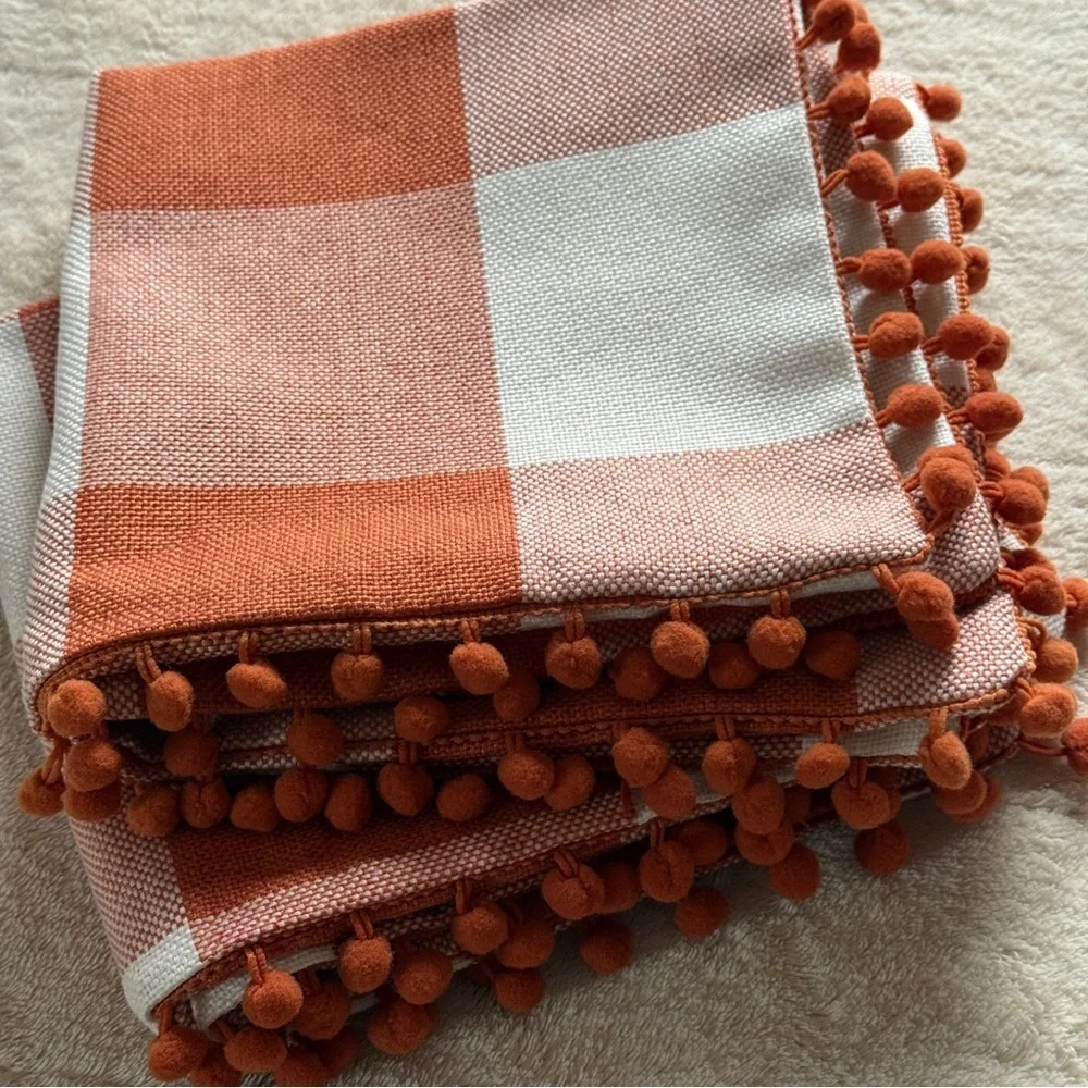 Fall Pillow Covers - Set of 2 Buffalo Orange and White Plaid, Pumpkin, Pom Poms